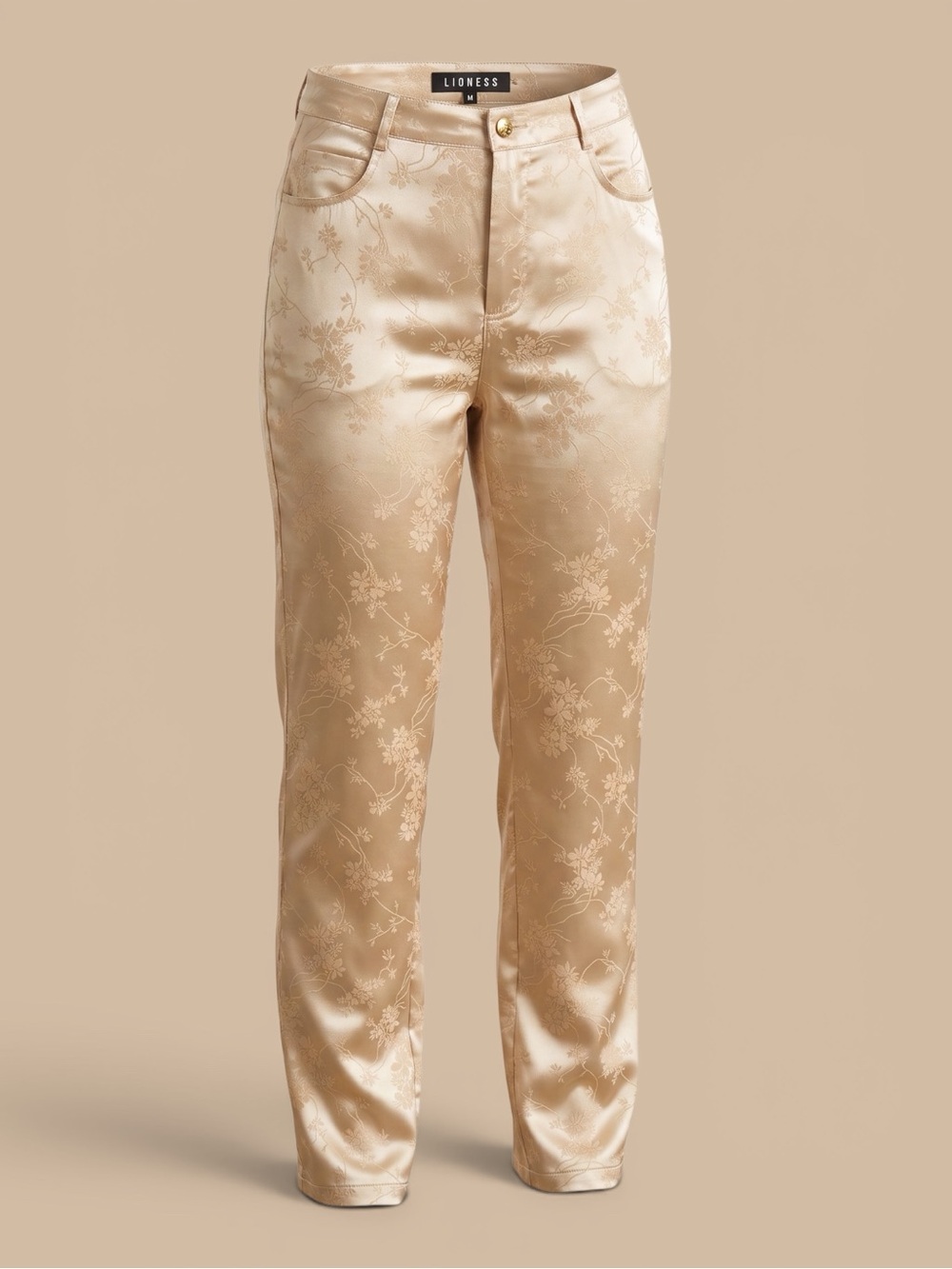 Lioness- Women’s Floral Jacquard Satin Trousers in Champagne Gold, Size Medium.